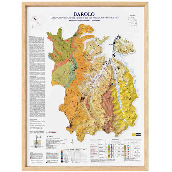 Barolo reliëf- en geologiekaart met hoogteverschillen, bodemlagen, DOCG-wijngaarden en wijngebieden in Piemonte, Italië.