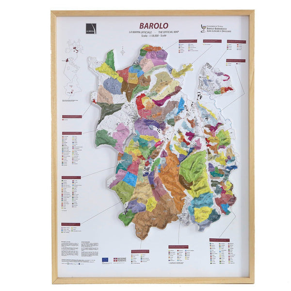 Barolo reliëf kaart met daarop alle MGA wijngaarden van de Barolo appellatie.
